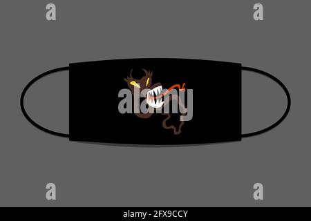 Scary worm monster on a protective face mask. Funny evil serpent or dragon. Mask design. Stock Vector