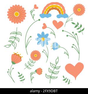 Set clipart elements Valentine's day in boho style. Bohemian romantic pattern happy Valentine day. Boho rainbow, heart and flowers. Stock Vector