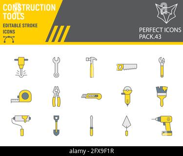 Construction tools color line icon set, tools collection, vector graphics, logo illustrations, repair tools vector icons, construction industry signs, Stock Vector