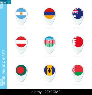 Pin flag set, map location icon in blue colors with flag of Argentina, Armenia, Australia, Austria, Azerbaijan, Bahrain, Bangladesh, Barbados, Belarus Stock Vector
