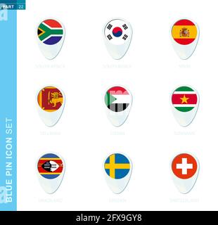 Pin flag set, map location icon in blue colors with flag of South Africa, South Korea, Spain, Sri Lanka, Sudan, Suriname, Swaziland, Sweden, Switzerla Stock Vector