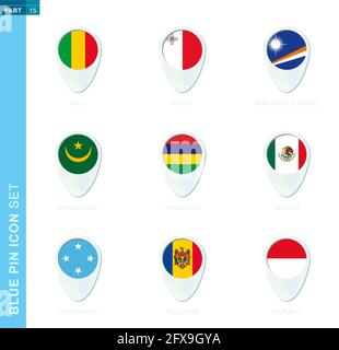 Pin flag set, map location icon in blue colors with flag of Mali, Malta, Marshall Islands, Mauritania, Mauritius, Mexico, Micronesia, Moldova, Monaco Stock Vector