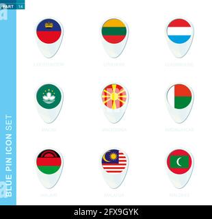 Pin flag set, map location icon in blue colors with flag of Liechtenstein, Lithuania, Luxembourg, Macau, Macedonia, Madagascar, Malawi, Malaysia, Mald Stock Vector