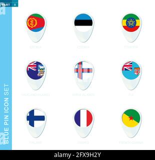 Pin flag set, map location icon in blue colors with flag of Eritrea, Estonia, Ethiopia, Falkland Islands, Faroe Islands, Fiji, Finland, France, French Stock Vector