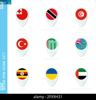 Pin flag set, map location icon in blue colors with flag of Tonga, Trinidad and Tobago, Tunisia, Turkey, Turkmenistan, Tuvalu, Uganda, Ukraine, United Stock Vector