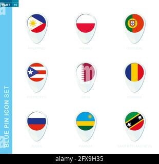 Pin flag set, map location icon in blue colors with flag of Philippines, Poland, Portugal, Puerto Rico, Qatar, Romania, Russia, Rwanda, Saint Kitts an Stock Vector