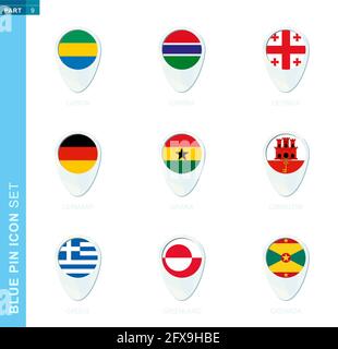 Pin flag set, map location icon in blue colors with flag of Gabon, Gambia, Georgia, Germany, Ghana, Gibraltar, Greece, Greenland, Grenada Stock Vector