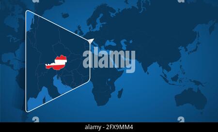 Location of Austria on the World Map with Enlarged Map of Austria with Flag. Geographical Vector Template for your design. Stock Vector
