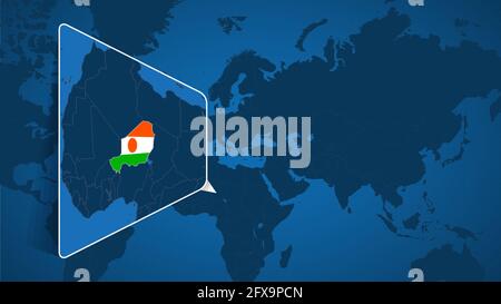 Location of Niger on the World Map with Enlarged Map of Niger with Flag. Geographical Vector Template for your design. Stock Vector