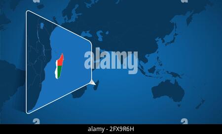 Location of Madagascar on the World Map with Enlarged Map of Madagascar with Flag. Geographical Vector Template for your design. Stock Vector