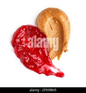 peanut butter and raspberry jam isolated on white background, top view Stock Photo