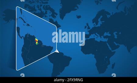 Location of Guyana on the World Map with Enlarged Map of Guyana with Flag. Geographical Vector Template for your design. Stock Vector
