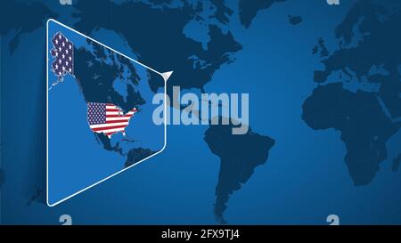 Location of USA on the World Map with Enlarged Map of USA with Flag. Geographical Vector Template for your design. Stock Vector