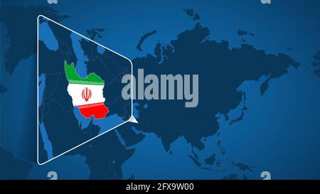 Location of Iran on the World Map with Enlarged Map of Iran with Flag. Geographical Vector Template for your design. Stock Vector