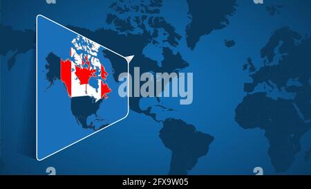 Location of Canada on the World Map with Enlarged Map of Canada with Flag. Geographical Vector Template for your design. Stock Vector