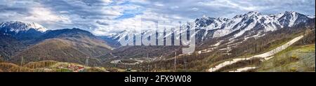 Panorama of the mountain resort. Tourist routes. Extreme sports. Nature reserve. Olympic Village Russia Sochi. Stock Photo