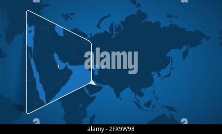 Location of Qatar on the World Map with Enlarged Map of Qatar with Flag. Geographical Vector Template for your design. Stock Vector