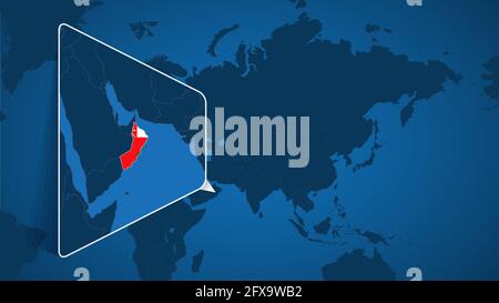 Location of Oman on the World Map with Enlarged Map of Oman with Flag. Geographical Vector Template for your design. Stock Vector
