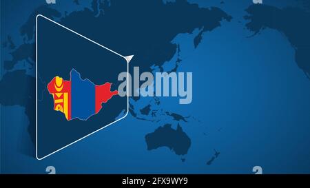 Location of Mongolia on the World Map with Enlarged Map of Mongolia with Flag. Geographical Vector Template for your design. Stock Vector