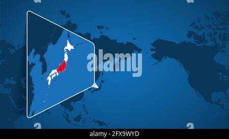 Location of Japan on the World Map with Enlarged Map of Japan with Flag. Geographical Vector Template for your design. Stock Vector