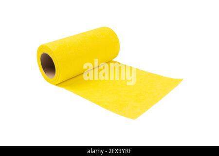 Yellow microfiber cloth for cleaning in a roll isolated on white background with clipping path. Roll towels for kitchen Stock Photo