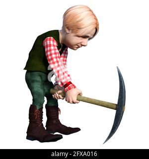 3D rendering of a fantasy dwarf holding an iron pick axe with a wooden ...