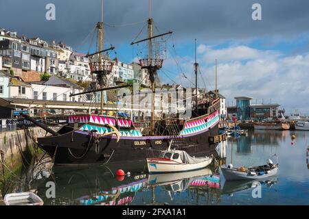 Golden Hind Brixham, view of a full-size reconstruction of The Golden Hind, the ship in which Francis Drake circumnavigated the globe, Brixham  Devon. Stock Photo