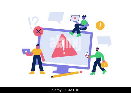 People with caution, exclamation mark on display Stock Vector