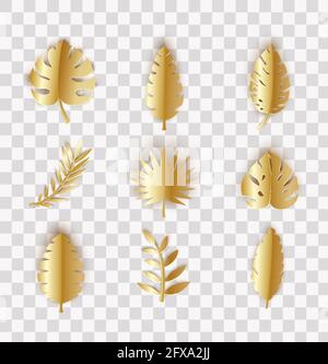 Set of gold summer tropical leaves in paper cut style. Craft jungle plants collection on transparent background. Vector card illustration for Stock Vector