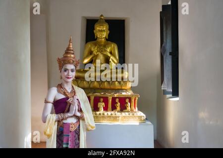 Beautyful Thai woman wearing thai traditional clothing, Beautiful woman, Thai national costume, traditional Thai dress, Thai woman, good mood Stock Photo