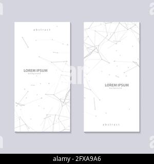 Two flyers with abstract plexus white background with grey connected lines and dots. Vector minimalistic geometric design. Network connection plexus Stock Vector
