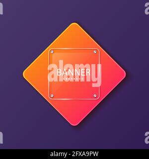 Glass square banner on the background of the plate in the shape of a rhombus. Layered background square shapes with color orange red gradient. Design Stock Vector