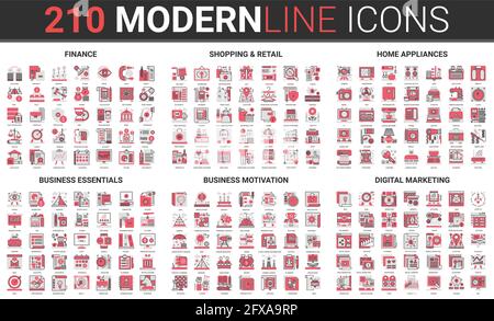 Digital marketing, marketplace shopping retail, business motivation finance thin red black line icon vector illustration set. Outline home appliances symbols, commercial financial products advertising Stock Vector