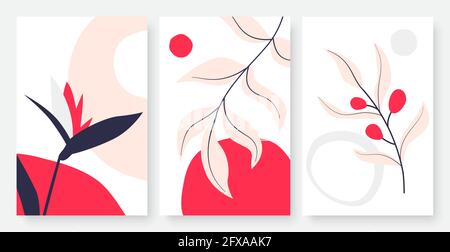 Tropical leaves, abstract minimal line drawing wall art vector illustration set. Minimalist hand drawn simple leaf, sun, template social media, poster or design wallpaper in red pink black colors Stock Vector