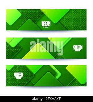 Abstract three green banners with layered rhomb shapes dark and light green color. Vector flyers minimalist paper cut geometric pattern. Design Stock Vector