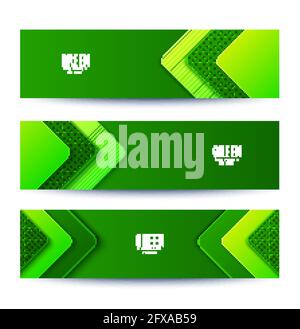 Abstract three green banners with layered angle shapes. Vector flyers minimalist paper cut geometric pattern. Design concept for celebrating card of Stock Vector