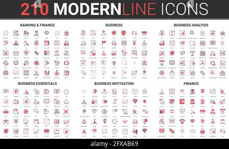 Finance analysis and banking, business motivation thin red black line icon vector illustration set. Outline safe money payment symbols, credit business investment growth, stock market research signs Stock Vector