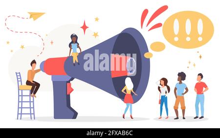 Marketing promotional campaign flat illustration. PR management and advertisement. Announcement, broadcast concept. Big loudspeaker and marketers characters team isolated on white background Stock Vector
