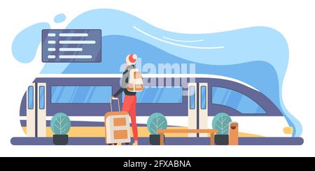 Traveler at railway station flat vector illustration. Tourist with backpack at platform near modern train. Backpacker with suitcase looking at departure board. Vacation, trip, journey concept Stock Vector