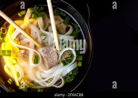 Chinese soup with beef and noodles Stock Photo