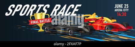 Web banner with illustration of three super cars sport bolide in speed motion for golden cup, championship tournament banner Stock Vector