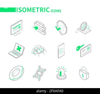 Data protection - modern line isometric icon set. Data protection, antivirus idea. Password entering, firewall, virus scanner, software bag, biometric Stock Vector