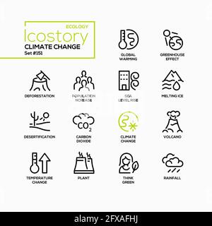 Climate change - line design style icons set. Environmental conservation, ecological problems. Global warming, greenhouse effect, deforestation, popul Stock Vector