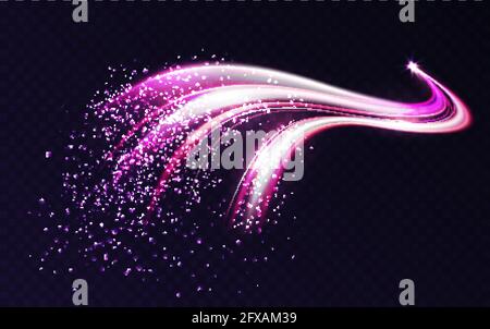 Glitter sparkle star trail, light effect, abstract waves flow vector illustration. Neon magic comet meteor with stardust plume flying, dynamic curve swirl motion glow on dark transparent background Stock Vector