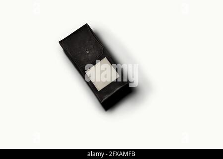 Top up view black leather pouch . fit for your design element . Stock Photo