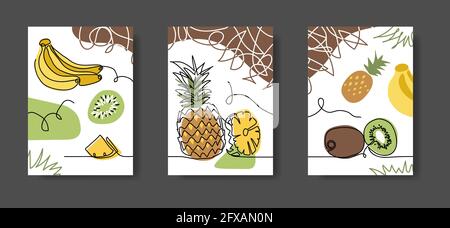 Exotic, tropical fruits wall lineart decoration. Pineapple, bananas, kiwi. Set of vector illustrations, one continuous wall lineart for kitchen or Stock Vector