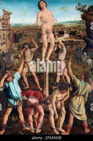 The Martyrdom of Saint Sebastian by Antonio del Pollaiuolo (1429/1433-1498) and  Piero del Pollaiuolo  (c. 1443-1496 ), oil on wood, 1475 Stock Photo
