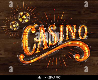 Casino sign with playing chips drawing with on wood background Stock Vector