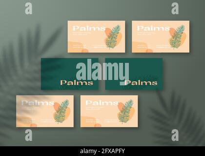 Business Cards Template with a Tropical Palm Leaves Shadow Overlay. Realistic Vector Stationary Mockup Scene with Natural Lighting on Top. Abstract Stock Vector