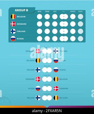 Group B scoreboard of European football 2020 tournament. All games match schedule. Vector flag of Group B. Stock Vector